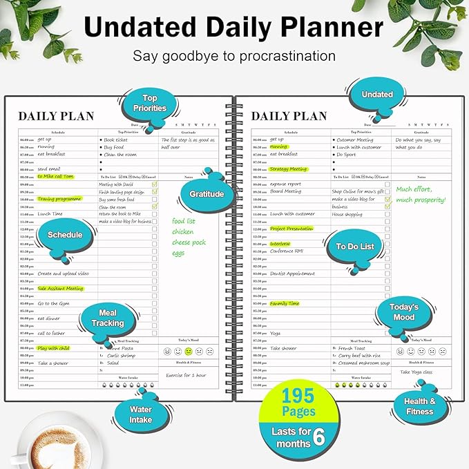 Planner Undated, Asten Daily Planner Agenda with To Do List, Hourly Schedules for Women and Men, Spiral Appointment Book with Elastic Closure, Inner Pocket 8.5" x 11" (Black)