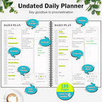 Planner Undated, Asten Daily Planner Agenda with To Do List, Hourly Schedules for Women and Men, Spiral Appointment Book with Elastic Closure, Inner Pocket 8.5" x 11" (Black)