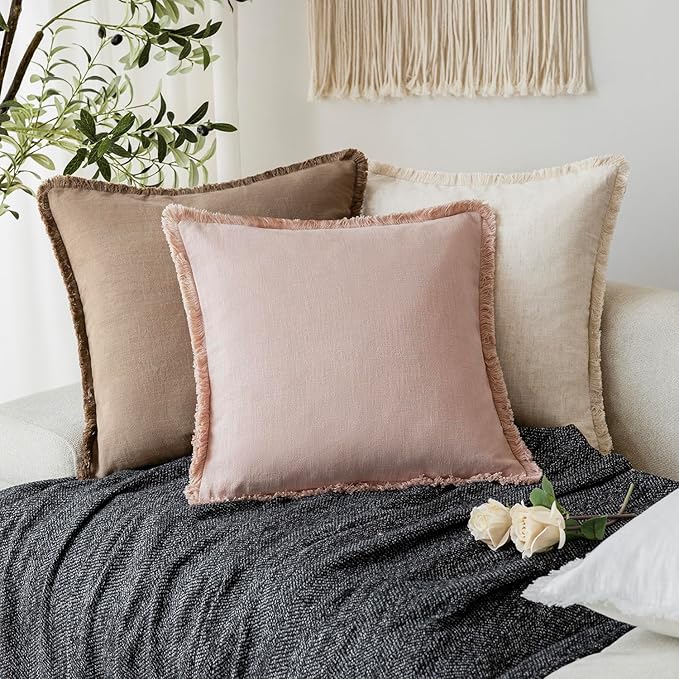 Foindtower Set of 2 Decorative Linen Fringe Throw Pillow Covers Cozy Boho Farmhouse Cushion Cover with Tassels Soft Accent Pillowcase for Couch Sofa Bed Living Room Home Decor,26×26 Inch,Light Pink