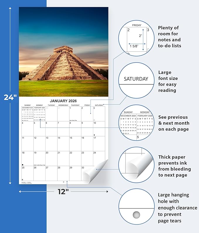 2026 Wonders of the World Landscapes Monthly Wall Calendar | Travel Calendar 2025-2026