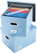 PRANDOM File Organizer Box - Set of 2 Collapsible Decorative Linen Filing Storage Hanging File Folders with Lids Office Cabinet Letter/Legal Size Blue (17x14x11.2 inch)