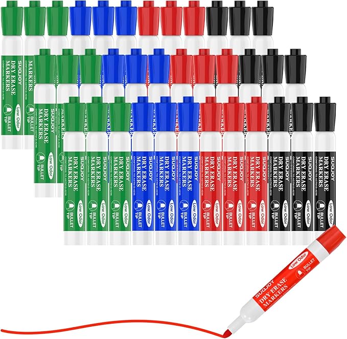 SUQJOY Dry Erase Markers, BulletTip Whiteboard Markers, Low Odor Thick Dry Markers, 36 Bulk 4 Assorted Color Marker for Whiteboard, Classroom, Office & Home(36 Count 4 Colors)