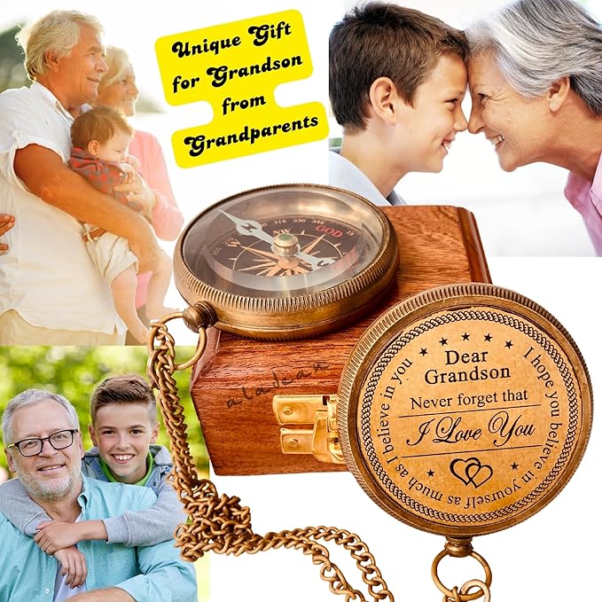 Gift for Grandson Brass Compass Engraved Quote | Memory Present to My Grandson Birthday, Baptism, Graduation, Confirmation, Love, Gift idea by Grandpa Grandma