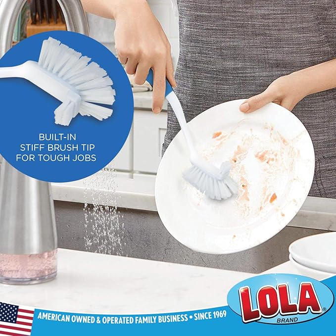 LOLA Pro Utility All Purpose Kitchen Cleaning Brush, 2 Pack, Durable Bristles, Comfort Ergonomic Rubber Non-Slip Grip, Built-in Food Scraper