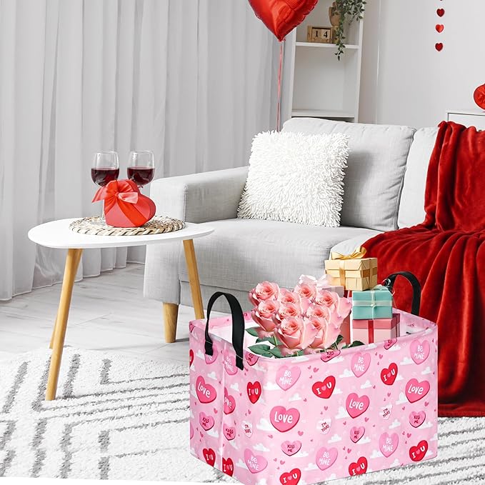 FUULOXE Rectangular Valentines Basket Storage Bin for Shelves Girls Gifts Baskets Foldable Box with Handles for Home Office Car Dormroom Valentine's Day Party Supplies