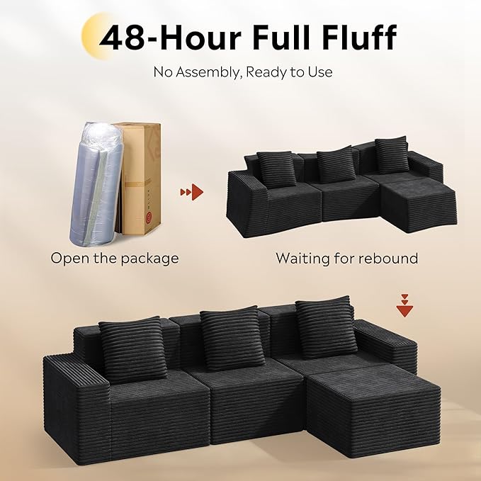 WLIVE 110'' Boneless Couch for Living Room, Modular Sectional Sofa, Cloud Memory Foam Couch L Shape with Chaise, Black