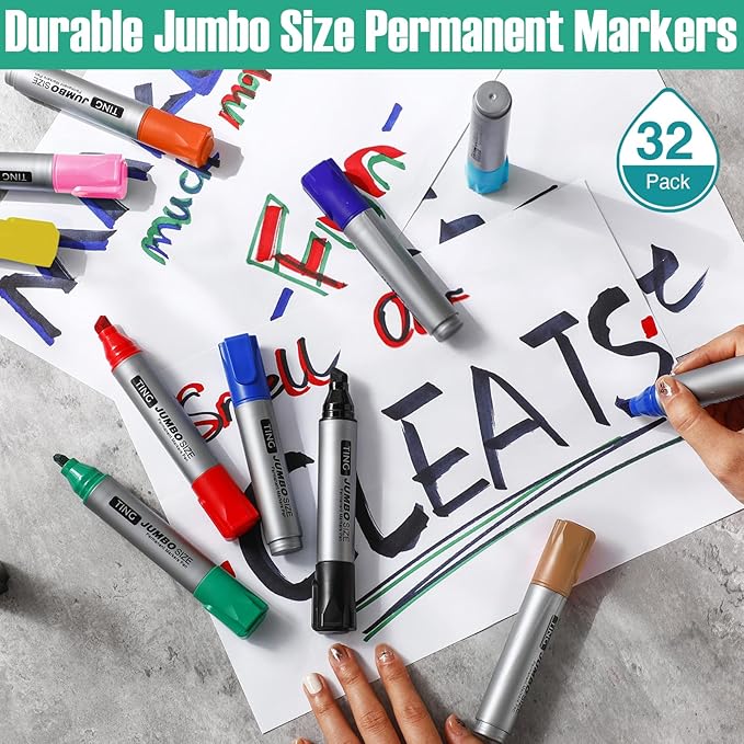 Fuutreo 32 Pcs Jumbo Permanent Markers Bulk Large Chisel Tip Permanent Markers Waterproof Jumbo Pens Quick Drying Office Supplies(Multicolor)