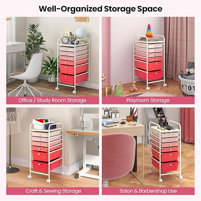 Giantex 6 Storage Drawer Cart Rolling Organizer Cart for Tools Scrapbook Paper Home Office School Multipurpose Mobile Utility Cart (Pink Gradient)
