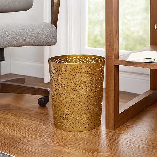 TUP THE URBAN PORT 10" Decorative Iron Wastebasket Trash Can | Matte Gold | Leaf Etched Design