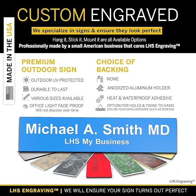 Custom Name Plate with Choice of Mounting for Walls, Doors, Cubicles, Hanging and More - Personalized Light Blue Plastic White Letters - USA Made 2x12 - B1