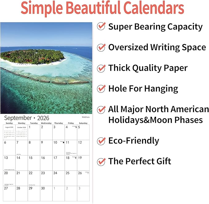 2026 Wall Calendar,Calendar 2026, November 2025 - December 2026, Wall Calendar Ocean Beaches, 12" x 24" Opened,Full Page Months Thick & Sturdy Paper for Calendar Organizing & Planning