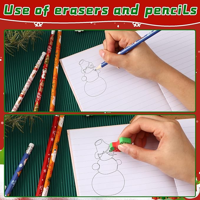 JULMELON 72PCS Christmas Party Favors Set, 36PCS Christmas Pencils with 36PCS Snowman Snowflake Santa Erasers, Pencils for School Classroom Winter Holiday Party Reward Supplies