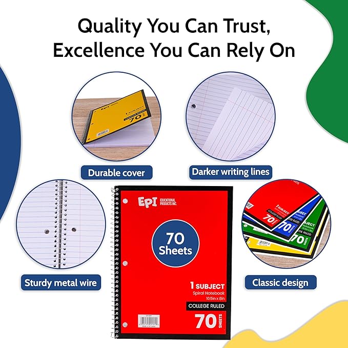 EPI Spiral Notebook | 1 Subject - College Ruled - 70 Sheets, Durable Spiral Binding | 10.5 x 8 in | Classroom Supplies | School, Office, Note Taking, Journaling - 12 Pack