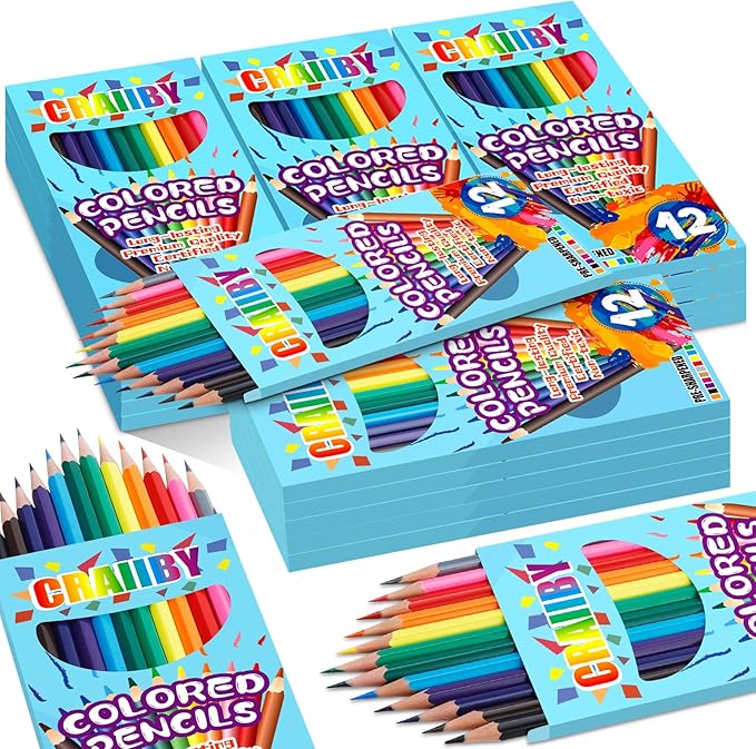 Craiiby Premium Colored Pencils, Soft Core, 288 Count (Pack of 24), 12 Colors Pre-sharpened Color Pencils Bulk, Back to School Supplies, Classroom Prizes (24)