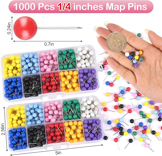 1000 Pcs Multi-Color Push Pins, Map Pins for Travel Map, Small Map Tacks with Plastic Beads Head for Cork Board (Mixed Colors, 1/4 ")