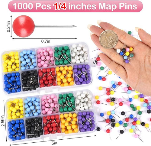 1000 Pcs Multi-Color Push Pins, Map Pins for Travel Map, Small Map Tacks with Plastic Beads Head for Cork Board (Mixed Colors, 1/4 ")