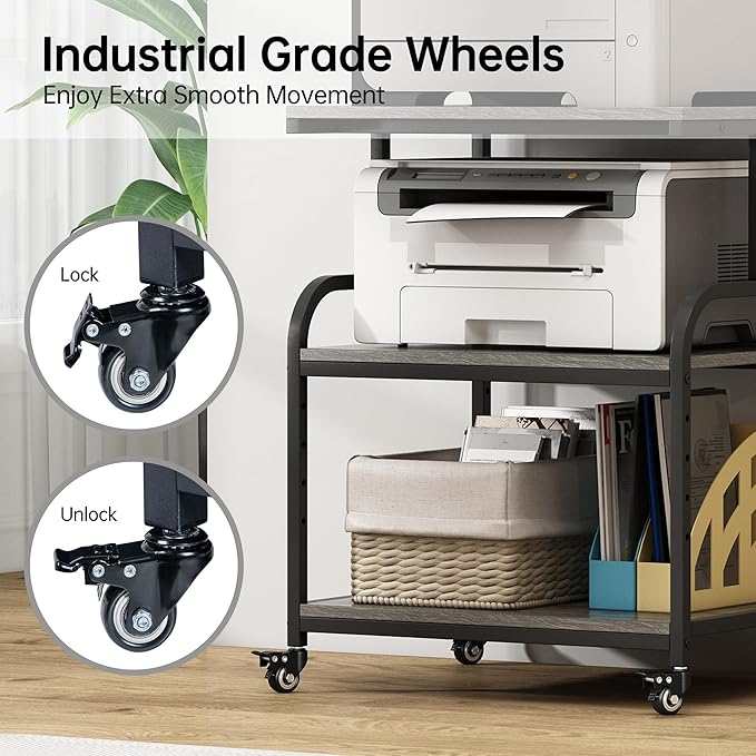Fannova Large Printer Stand Table 23.6 x18.9 x 30 Inches with Height Adjustable Storage Shelf, 3 Tier Rolling Printer Cart with Wheels for Home Office, Gray