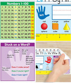 Carson Dellosa Education 30PC Quick Stick Name Plate Set offers alphabet charts, number lines, a 100 chart, a ruler, and clear labels that support organized desks and help students develop skills well