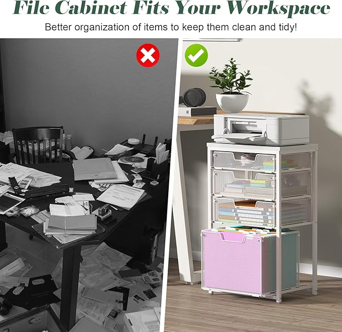 Sbanmao 4 Drawer Rolling File Cart with Wheels, Mobile Filing Cabinet for Home Office, Hanging File Organizer, Under Desk Storage, Multifunctional Utility Cart Printer Stand, White (Patent Pending)