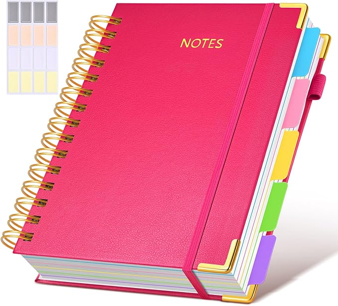 Hardcover Spiral Notebook journal with Removable Dividers Tabs, 300 Pages Leather 5 Subject Notebook College Ruled, 100GMS A5 Notebooks for Work School Note taking,Lined Journal for Women,A5-Rose