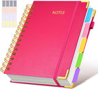 Hardcover Spiral Notebook journal with Removable Dividers Tabs, 300 Pages Leather 5 Subject Notebook College Ruled, 100GMS A5 Notebooks for Work School Note taking,Lined Journal for Women,A5-Rose