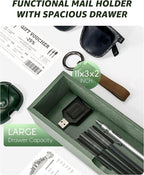 Rebee Vision Pine Wood Mail and Key Organizer for Wall – Farmhouse Mail Organizer Wall Mounted with 7 Sturdy Hooks & Drawer Storage – Apartment Essentials for Stylish Home Decor (Green)