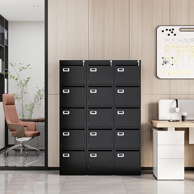 Fesbos File Cabinets - 5 Drawers Vertical 17.8" Deep Lockable Filing Cabinet - Black & Gray Metal Storage Cabinets for Home Office to Hanging Files Letter/Legal/F4/A4 Size