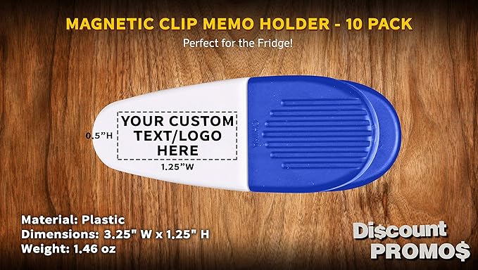 10 Magnetic Memo Holders Set - Customizable Text, Logo - Large Clip, Plastic - White Blue