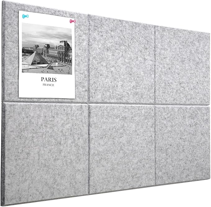 Large Cork Board Alternative 36" X 24" Bulletin Board - 6 Pack Removable Felt Wall Tiles with 15 pushpins, Large Cork Boards for Walls Cork Board for Office Pin Board Tack Board - Silver Gray