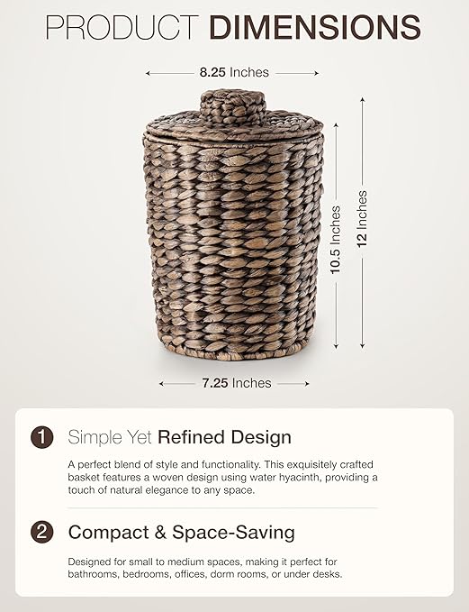 Tidita 2 Gallons Wicker Waste Basket - Water Hyacinth Bathroom Trash Can - Garbage Can with Lid Boho Style - Wicker Trash Can with Lid for Bedroom, Kitchen - Removable Liner, Handwoven (Black Color)