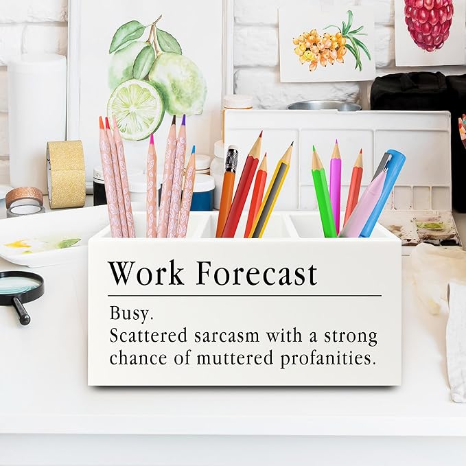XPH Funny Pen Pencil Holder Organizer for Desk, Funny Coworkers Gifts for Women, Office Humor Gifts, Work Forecast Wooden Box Sign for Home Office Desk Tabletop Decorations