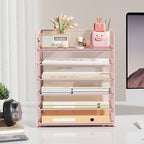Subekyu 6 Tier Office File Paper Desk Tray Organizer with Handle, Stackable Slide Mesh Letter Tray Folder Pink Desk Organizer, Desktop Document Sorter for Classroom, Office, Home Supplies Storage