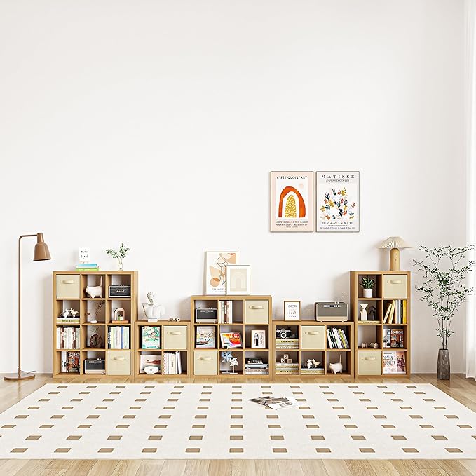furtble Bookshelf with Storage Bins, 8-Cube Storage Organizer, Modern Wood Open Bookcase, Multifunctional Display Shelf for Living Room, Bedroom, Home Office, Oak