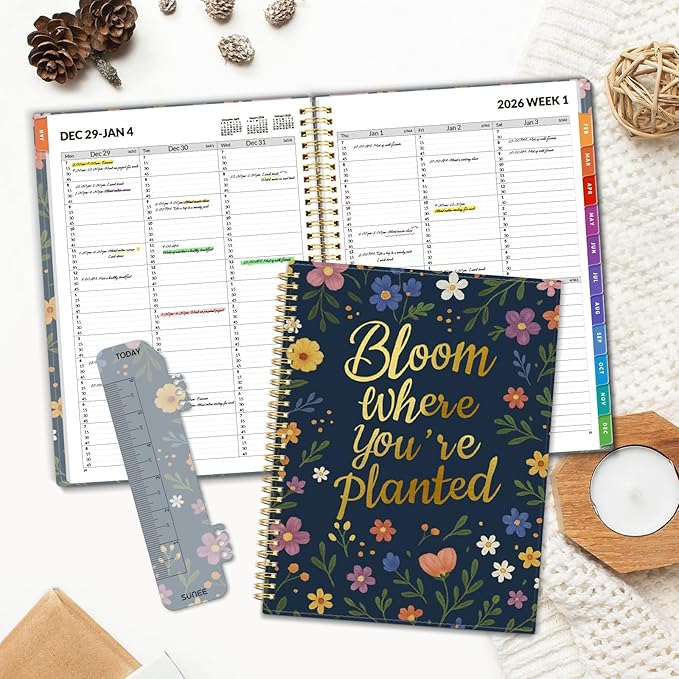 SUNEE 2026 Appointment Book, Quarter-Hourly, Weekly & Monthly - from January 2026 - December 2026, 8.5"x11" Weekly Planner, Flexible Cover, Note Pages, Pockets, Bookmark, Spiral Binding, Navy Flower