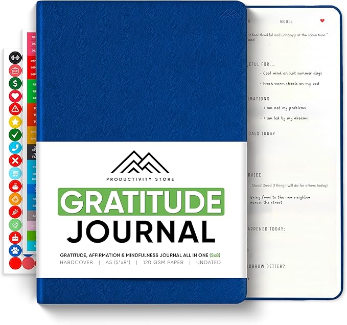 Gratitude & Self-Care Journal - Guided Mindfulness & Mental Health Journal All-in-One with Prompts for Self Discovery - Daily Journal for Men & Women by PRODUCTIVITY STORE (A5, Navy)