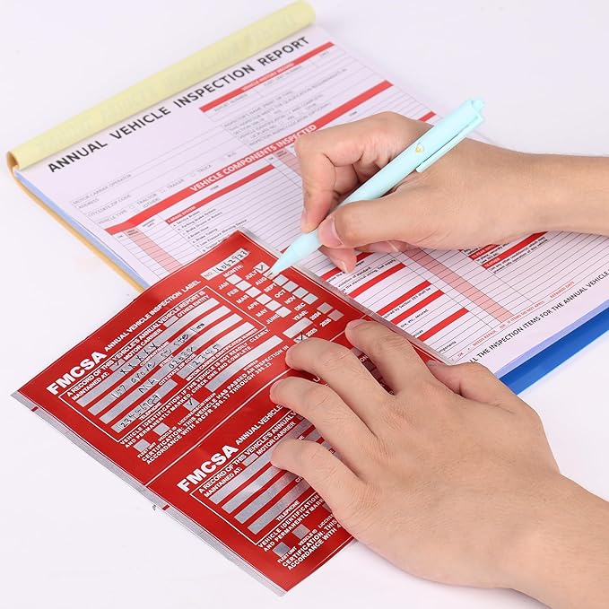 30-Pack Annual Vehicle Inspection Report Form, 3-Ply Carbonless Form and Hardboard, Includes 30-Pk Red FMCSA DOT Permanent Aluminum Adhesive Stickers, DOT Compliant