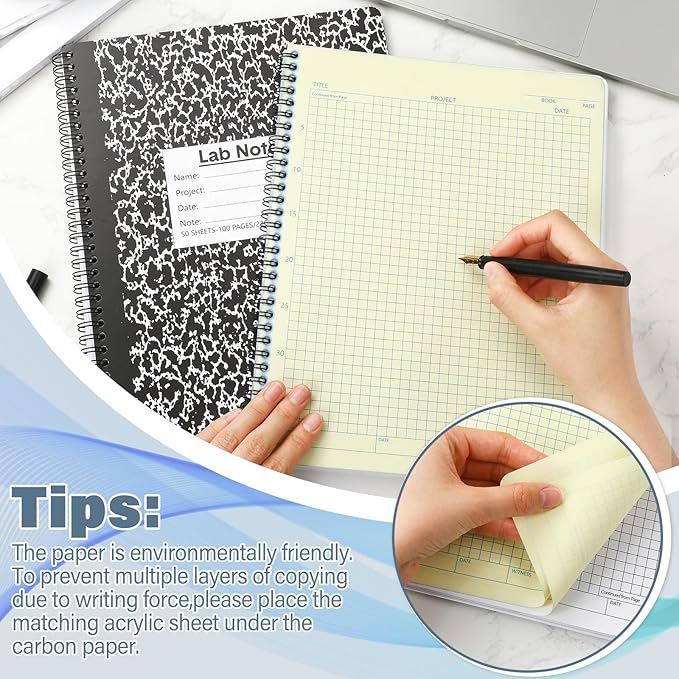Affrolling 2 Pack Carbonless Lab Notebook Carbon Copy 8.5'' X 11'' Laboratory Engineering Chemistry Computation Notebook Science Grid Contains 50 Sets of Pages 100 Pages Total Coil Binding(Black)