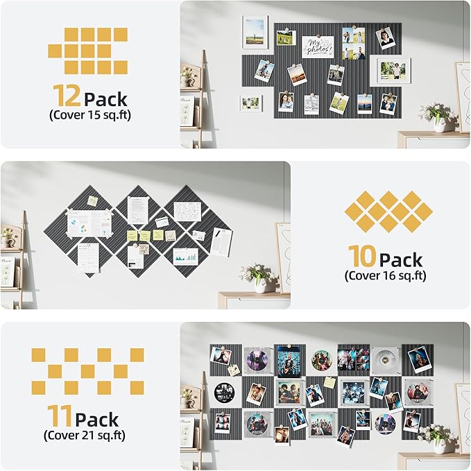 Large Cork Board for Wall 36" x 48" Black Bulletin Board with Safe Removable Adhesive Squares for Pictures Photos, Alternative CorkBoard Felt Pin Boards Tiles for Office Classroom Wall Decor-12 Pack