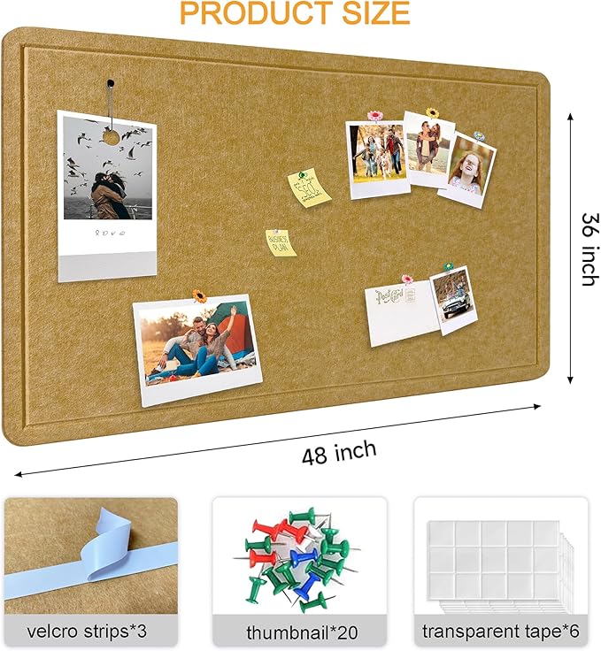 Yunihome Large Bulletin Board - Foldable 36x48 Inches Cork Board Alternative with 20 Push Pins, 3' x 4' Self-Adhesive Felt Bulletin Board for Wall, Home Office Classroom Decor