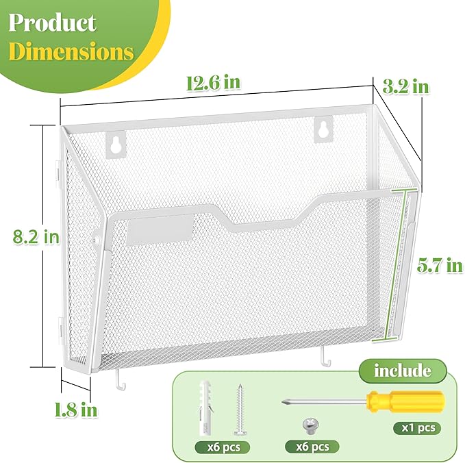 YINGHUA 3 Pack Mesh File Holders Wall Mounted - Durable Metal Hanging Organizer with Hooks - 12.6 Inch Vertical Wall Baskets for Mail Papers Office Home and School Storage - White