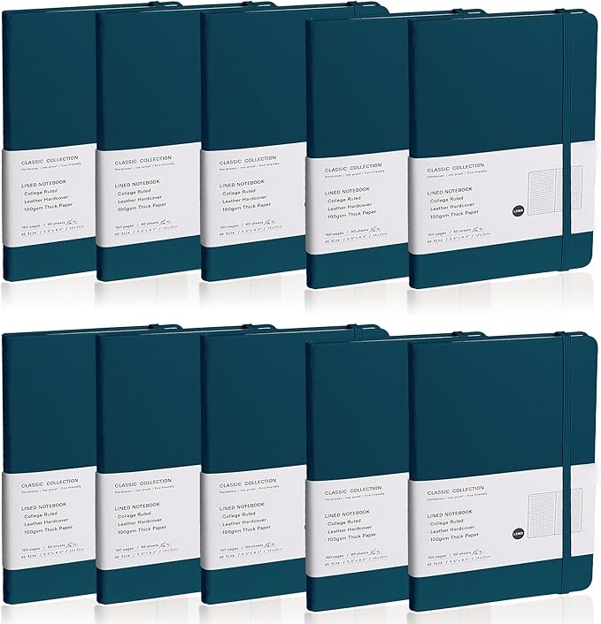 EMOMAS Lined Journal Notebook, 10Pack Hardcover Notebook for Men & Women – Journals for Writing, Work, School, Home & Daily Notes, 160 Pages – Medium A5, 5.7"x8", 100 gsm Thick Paper (Turquoise)