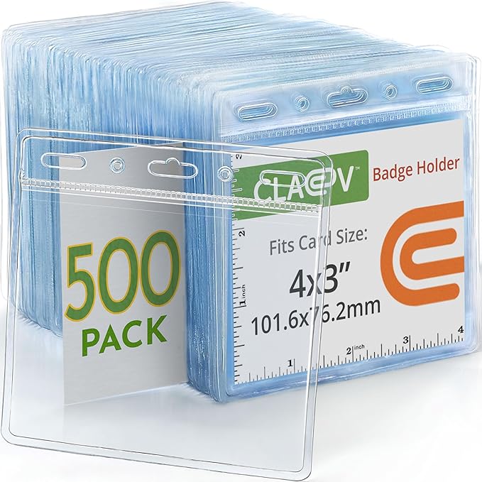 Claev - Horizontal Flexible and Tear Resistant Card Protector - Clear, 4x3 Inch, 500 Pack - Large Easy Open Plastic ID Name Badge Holders for Conferences, Conventions, Offices & Schools