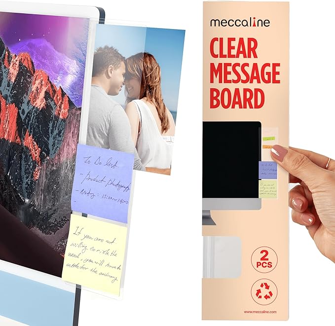 MECCALINE Monitor Memo Board 2Pcs - Flexible Clear PET Computer Screen Sticky Note Holder - Side Panel Message Organizer - Versatile Office Desk Accessories - Cool Home Office Supplies - 3.1" x 11.8"