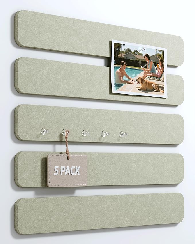 Fluxynara Cork Board Alternative Felt Strip Board 5-Pack 13"x2", Office Pin Board with 35 Push Pins, Adhesive Install for Bedroom Door & Home Office(Sage)