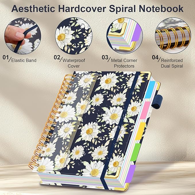 Spiral Journal Notebooks for Work, 300 Pages 5 Subject Notebook College Ruled with Dividers & Tabs, 8''x 10'' Large Notebook Journal for Women Students Note-Taking and Organizer (White Daisy)