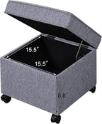 Adeco 17.5" Grey Square Storage Ottoman with Wheels, Modern Cotton Linen Foot Stool with Rollers - Movable & Convenient & Practical, Small Footstool for Living Room, Bedroom