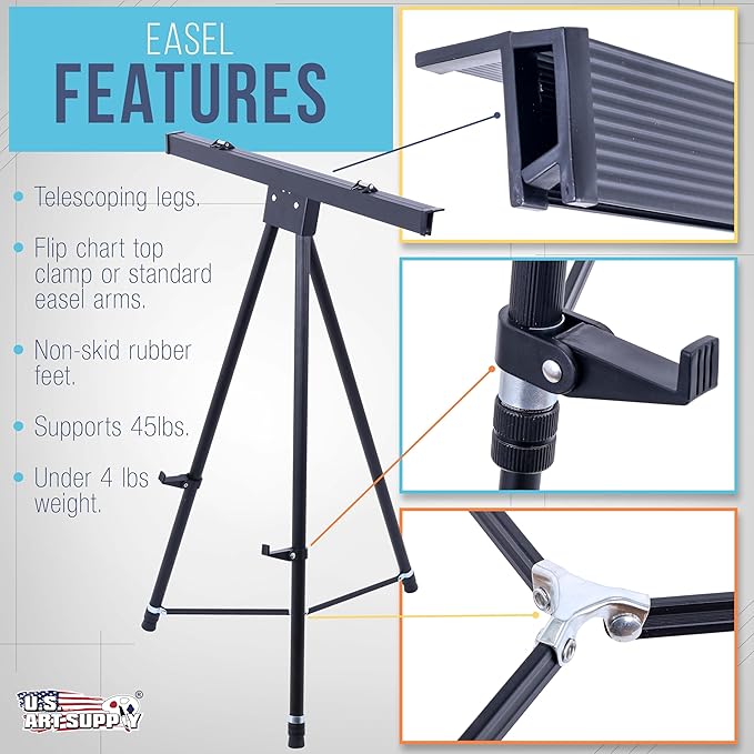 U.S. Art Supply 70" High Boardroom XL Black Aluminum Flip Chart Easel & Presentation Stand (6 Pack) - Adjustable Floor/Tabletop, Portable Tripod, Holds 45 lbs, for Chart Paper, Poster Boards, & Pads