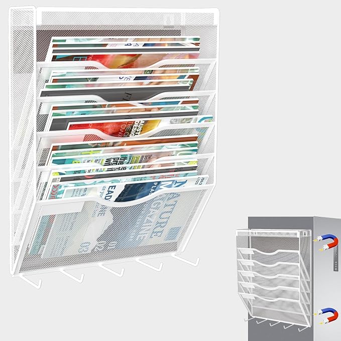 KZWKRG 6 Tier Magnetic File Holder with Hook, Magnetic File Organizer Folder Holder, Wall File Organizer, Hanging Magnetic Paper Holder for File Cabinets, Office, Whiteboard, Magnetic Mail Holder