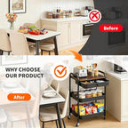 CAMOAT 3-Tier Rolling Storage Cart with Wooden Top and Drawer, Metal Mesh Mobile Utility Cart with Handle and Lockable Wheels, Multipurpose Organizer Trolley for Kitchen, Living Room, Bathroom,Office