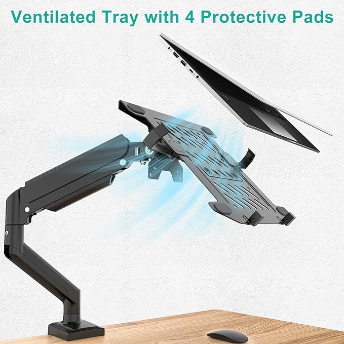 WALI Laptop Desk Mount, 2-in-1 Monitor Mount with Adjustable Laptop Tray, Fits Max 17" Notebook and 34" Computer Screen, Max Holds 22-26.4 lbs, Single Monitor Laptop Stand for Desk (GSMP001NLP), Black